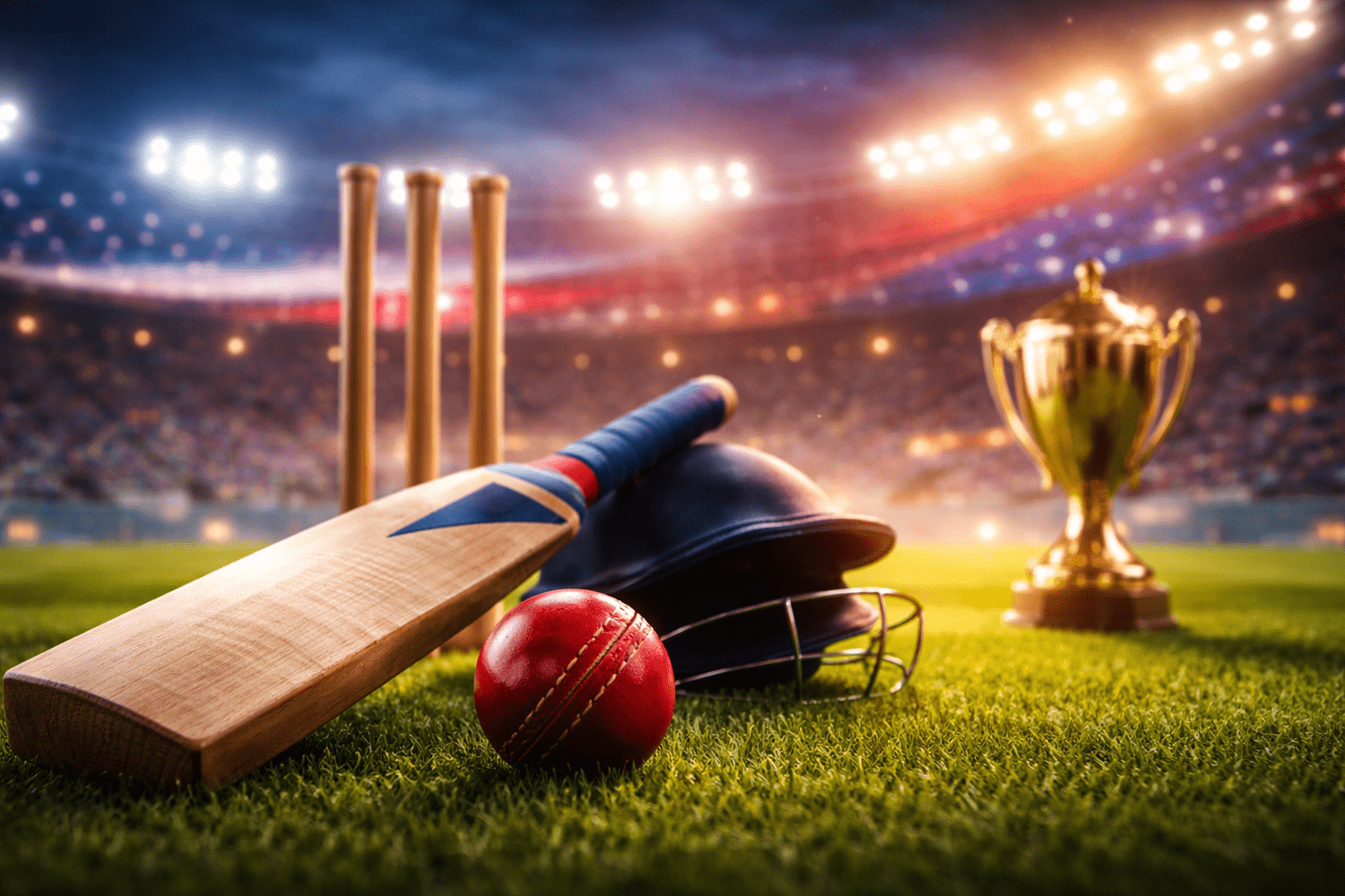 Cricket bat, ball, helmet, stumps, and a trophy on a cricket field under stadium lights at dusk.