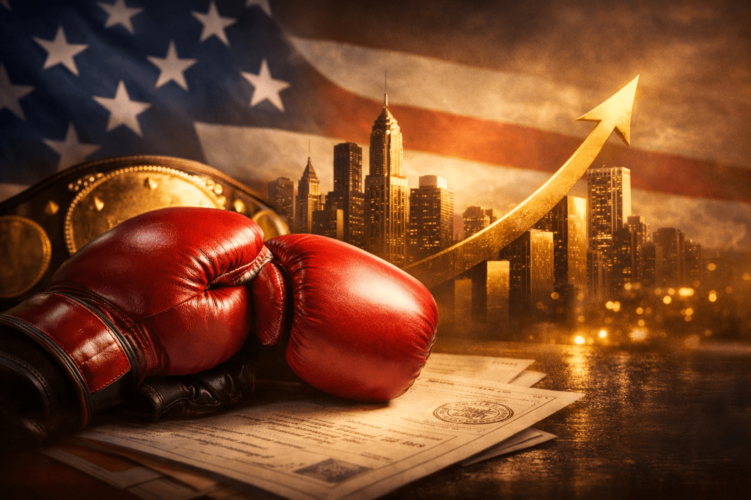 Red boxing gloves resting on a document, with a golden upward arrow and a city skyline in the background, and an American flag overlay.