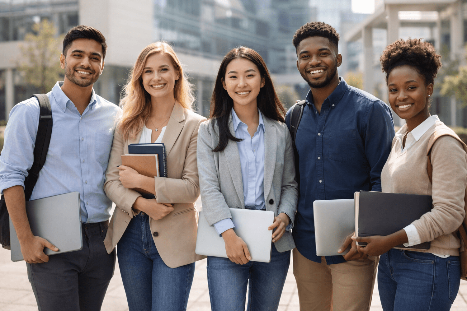 Group of five young diverse students smiling outdoors in front of modern buildings, holding laptops and notebooks.
